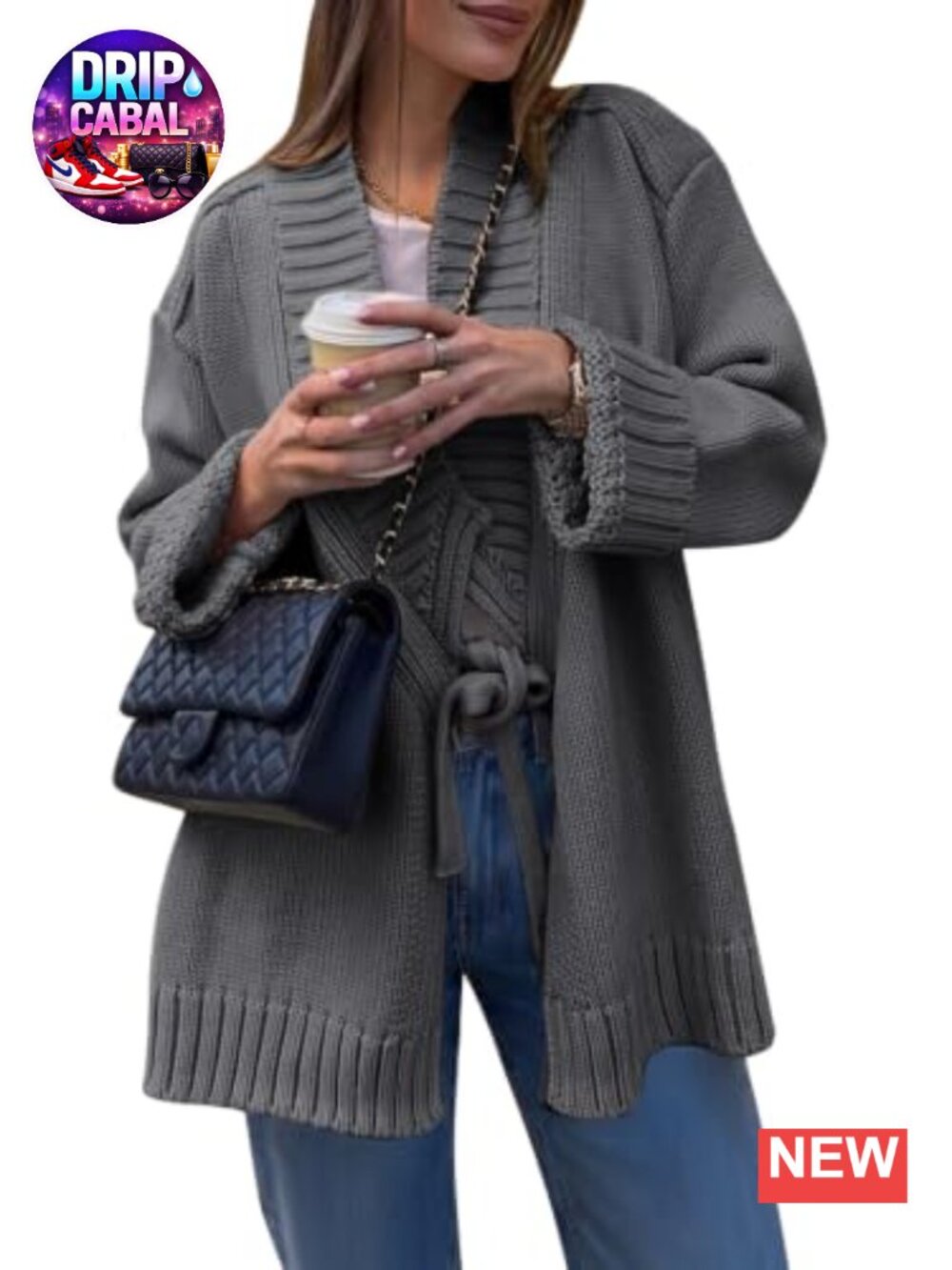 Women's V-Neck Wrap Chunky Knit Tie-Front Cardigan Sweater Long Sleeve